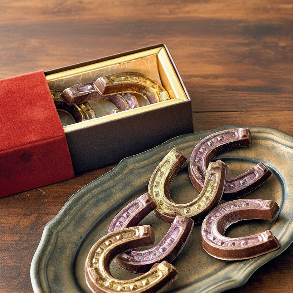 馬蹄型チョコレート、高級ギフトボックス入り、木製テーブル上