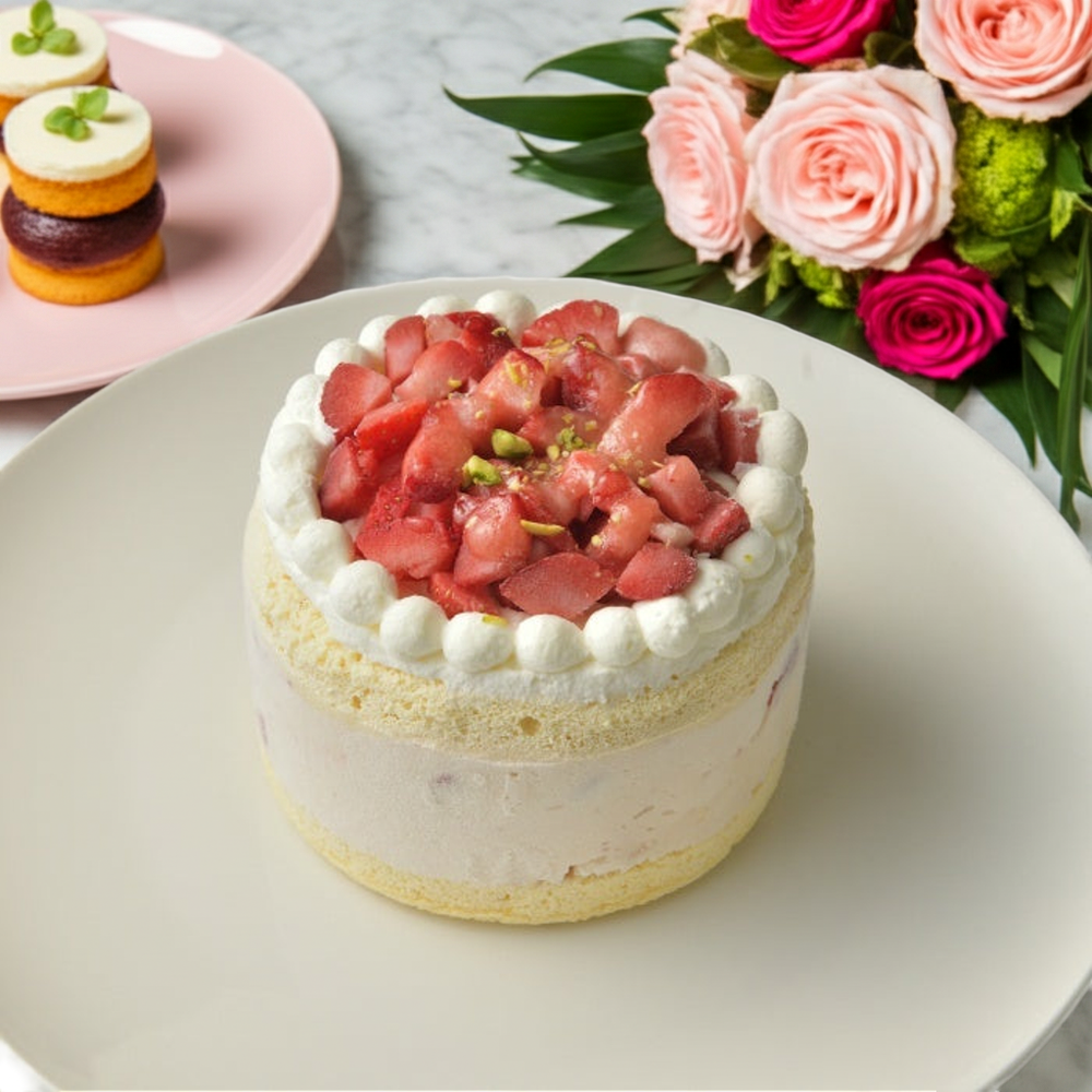 苺のデコレーションケーキ、生クリームとピスタチオがトッピング、バラの花束とミニケーキが添えられた華やかな一品